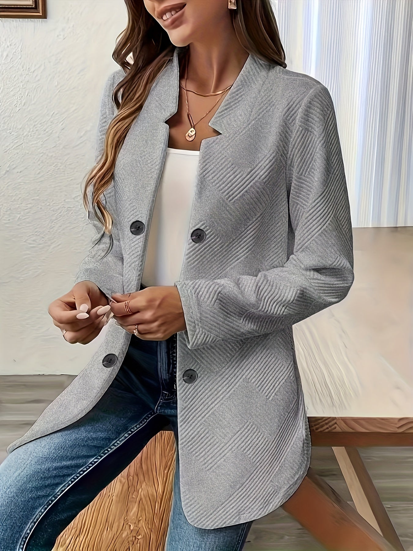 Textured Mid-Length Button Coat