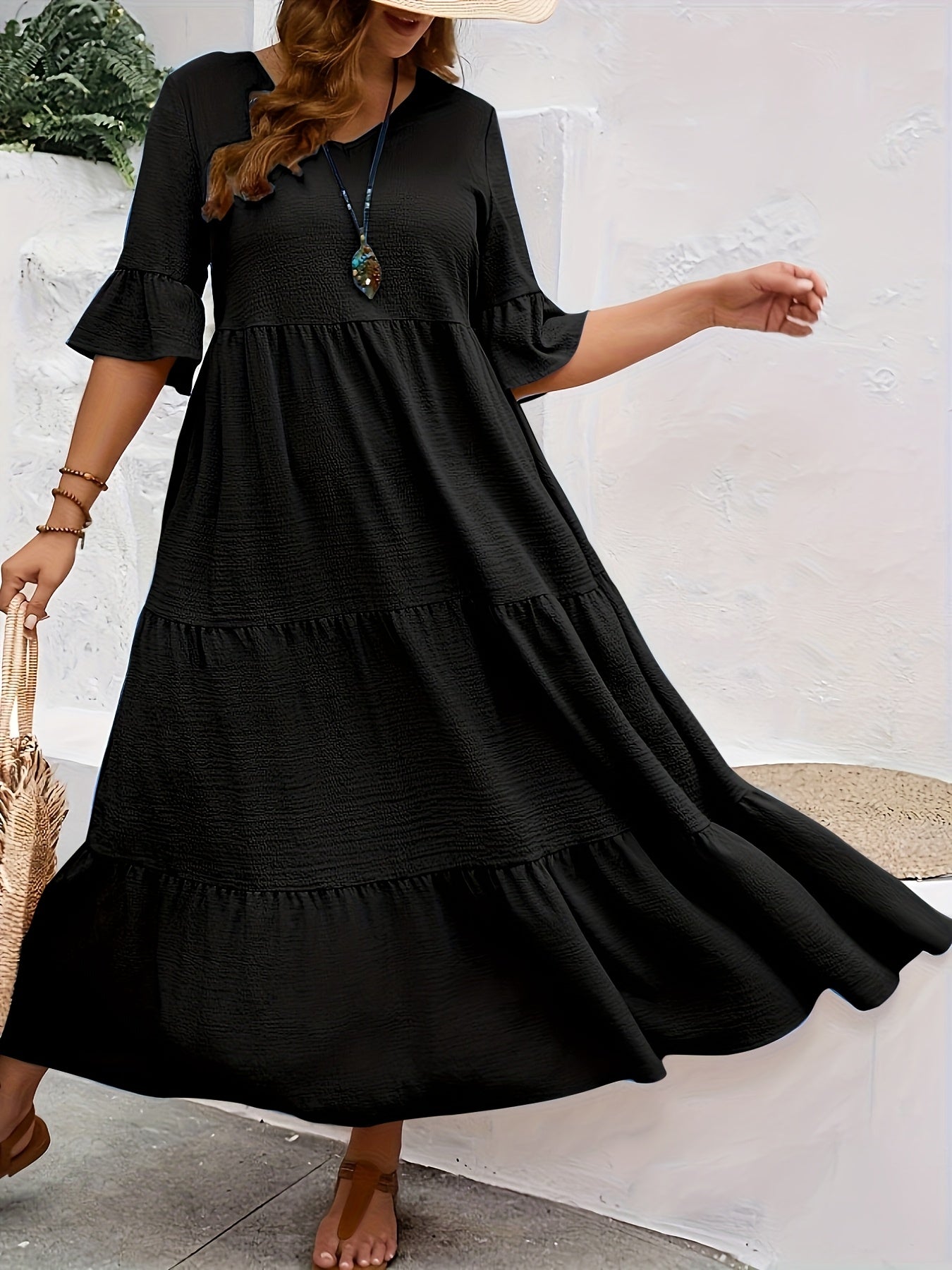 Solid V-Neck Flared Midi Dress