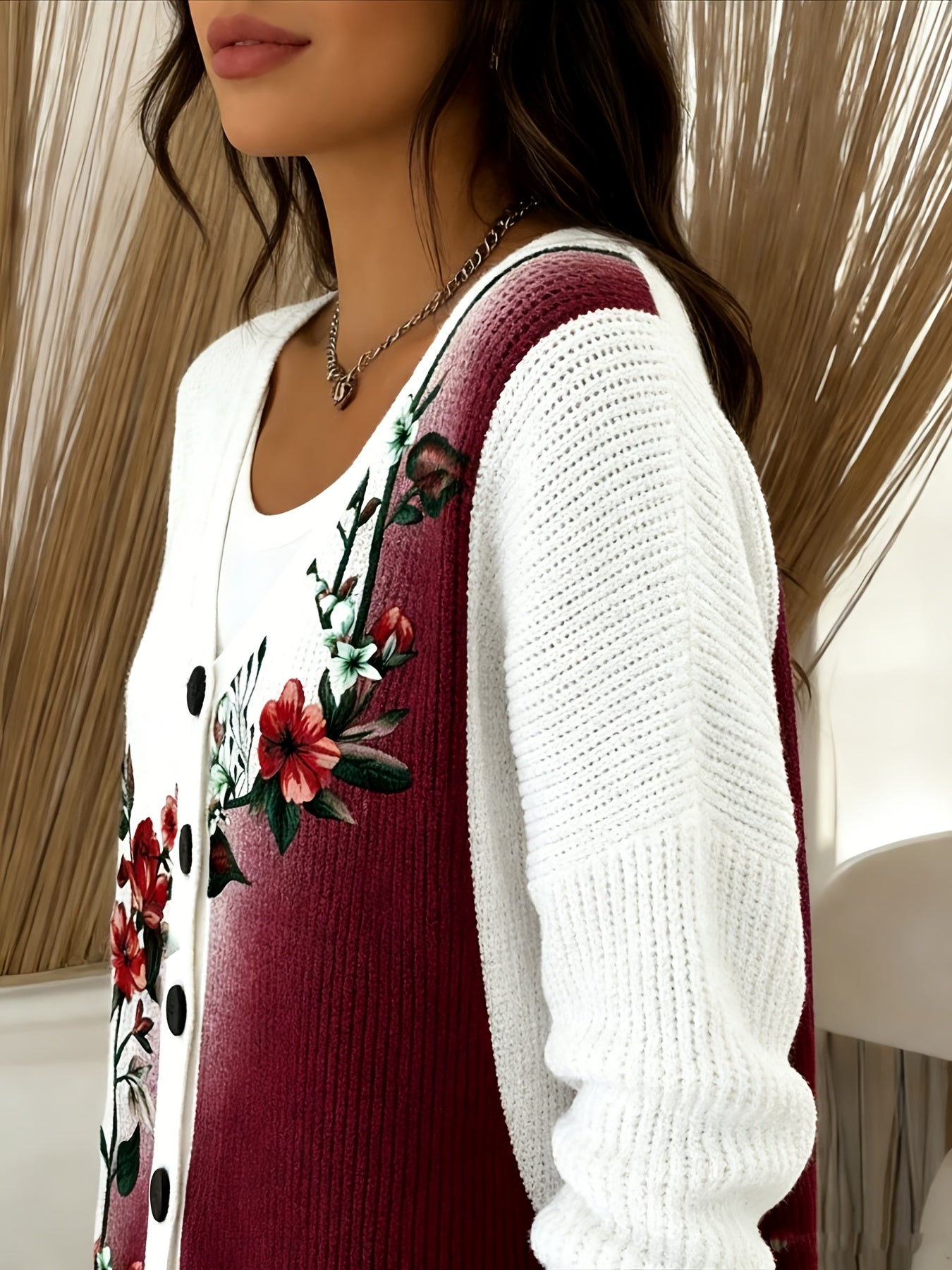 Romantic Rose Print Burgundy Cardigan