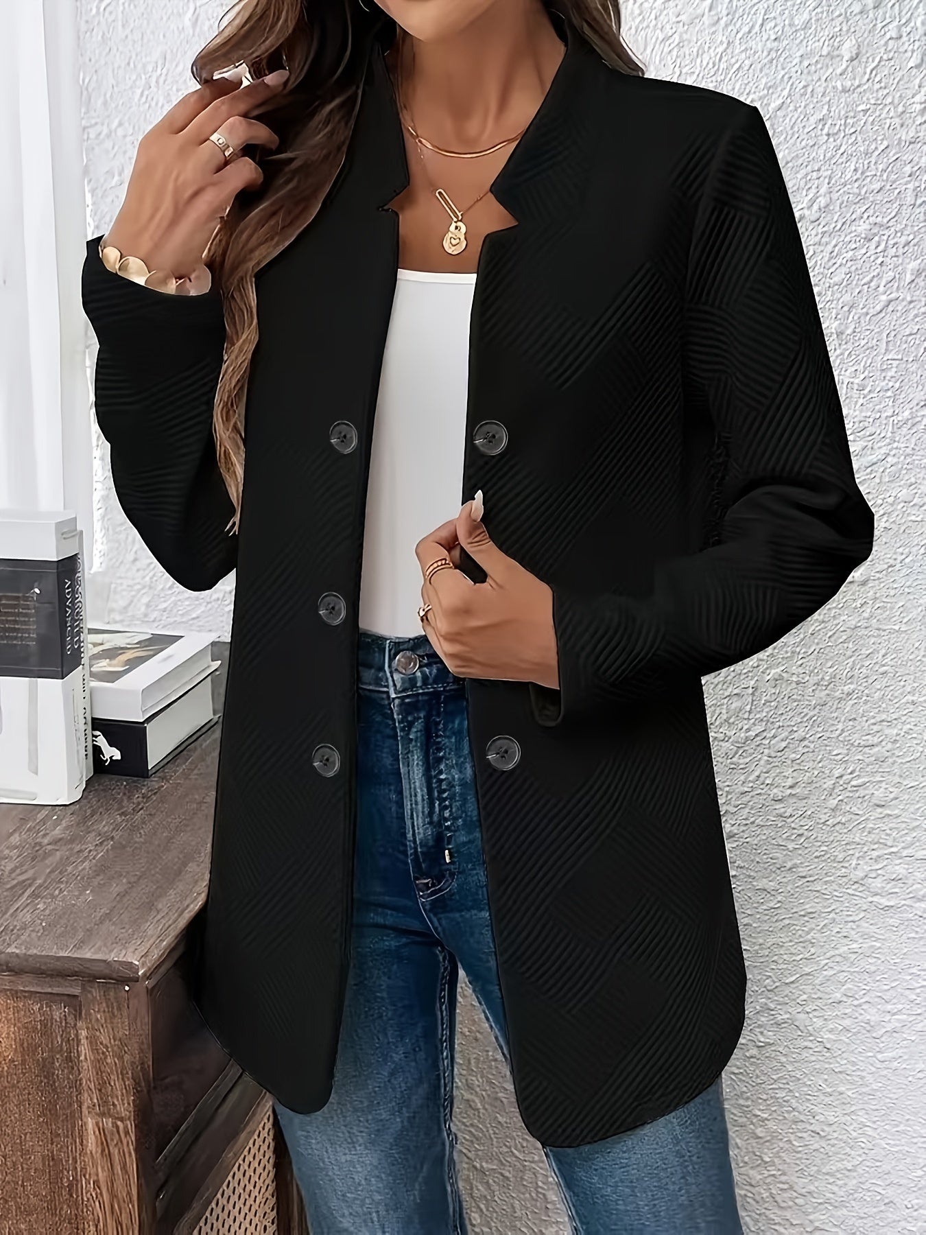 Textured Mid-Length Button Coat