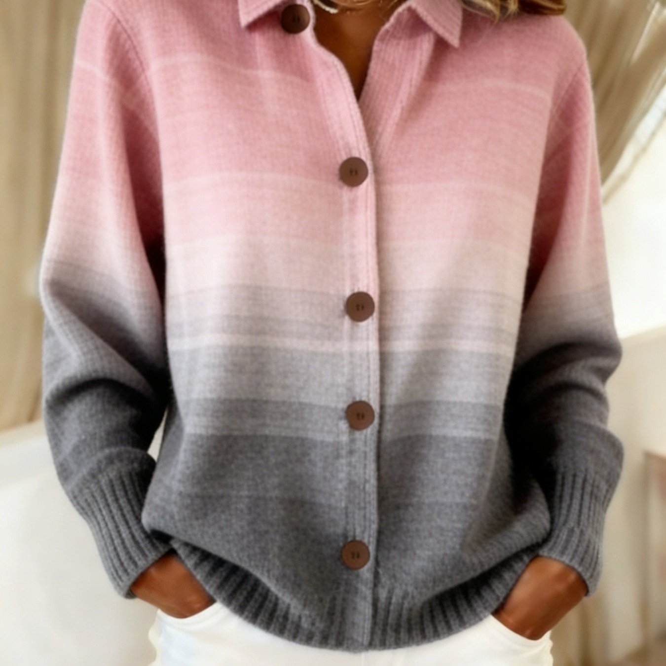 Gradient Plaid Lapel Cardigan