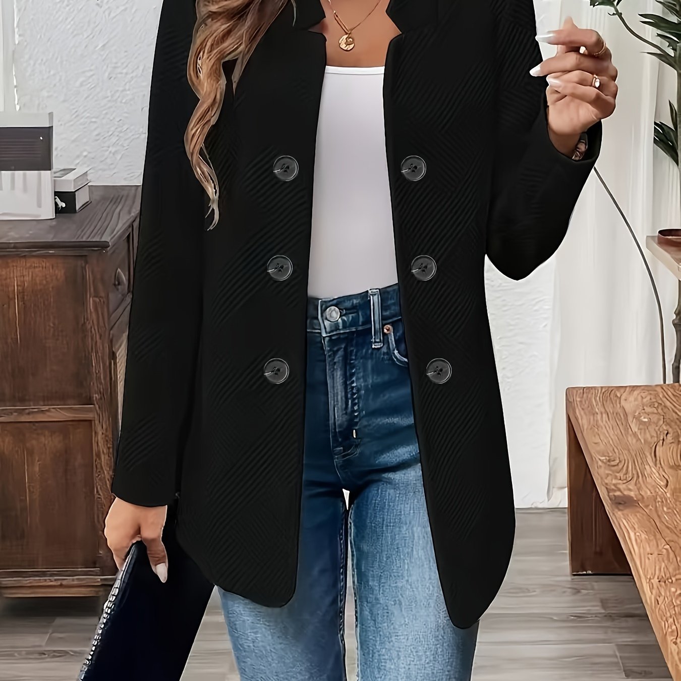 Textured Mid-Length Button Coat