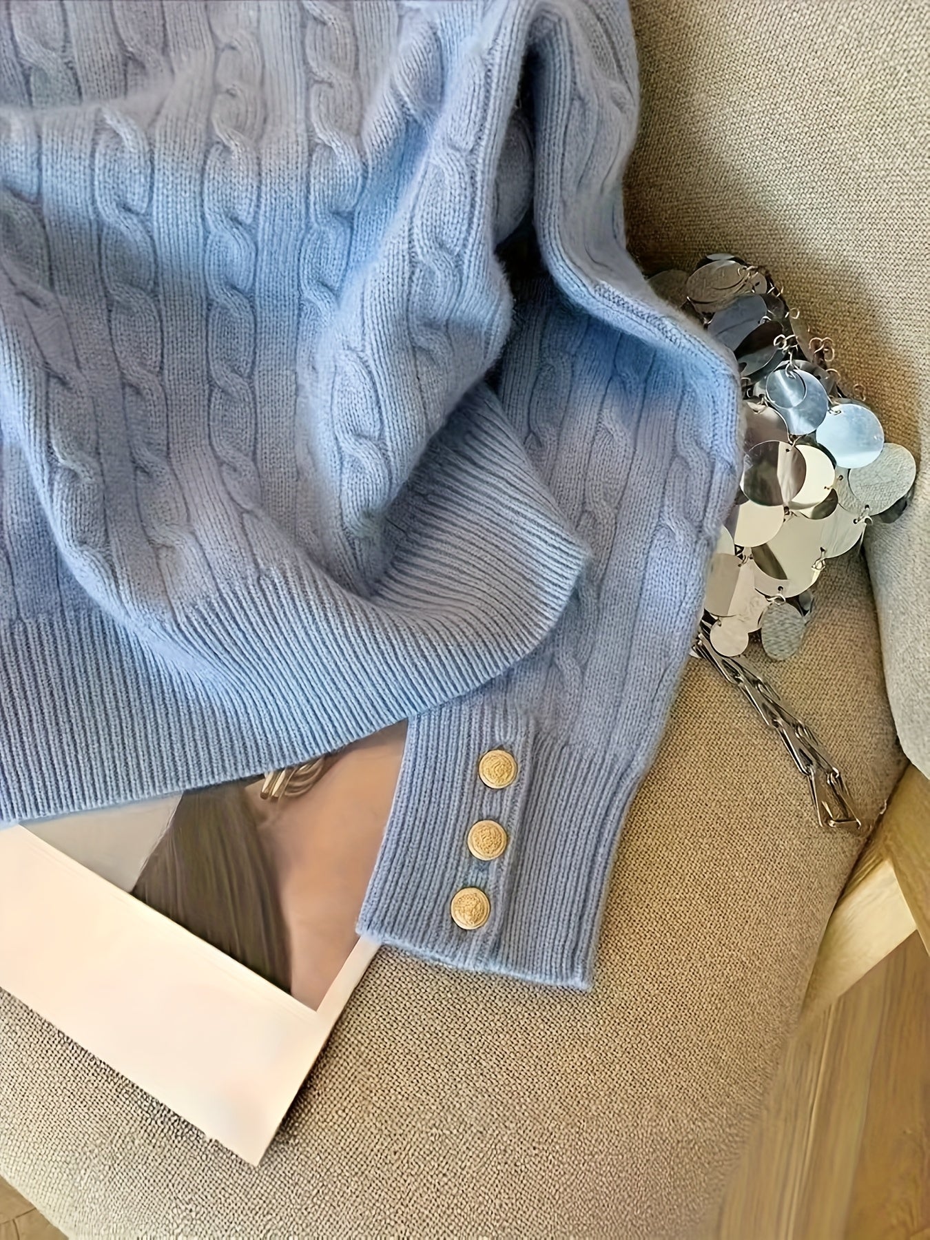 Twist Knit Sweater with Button Cuff Detail