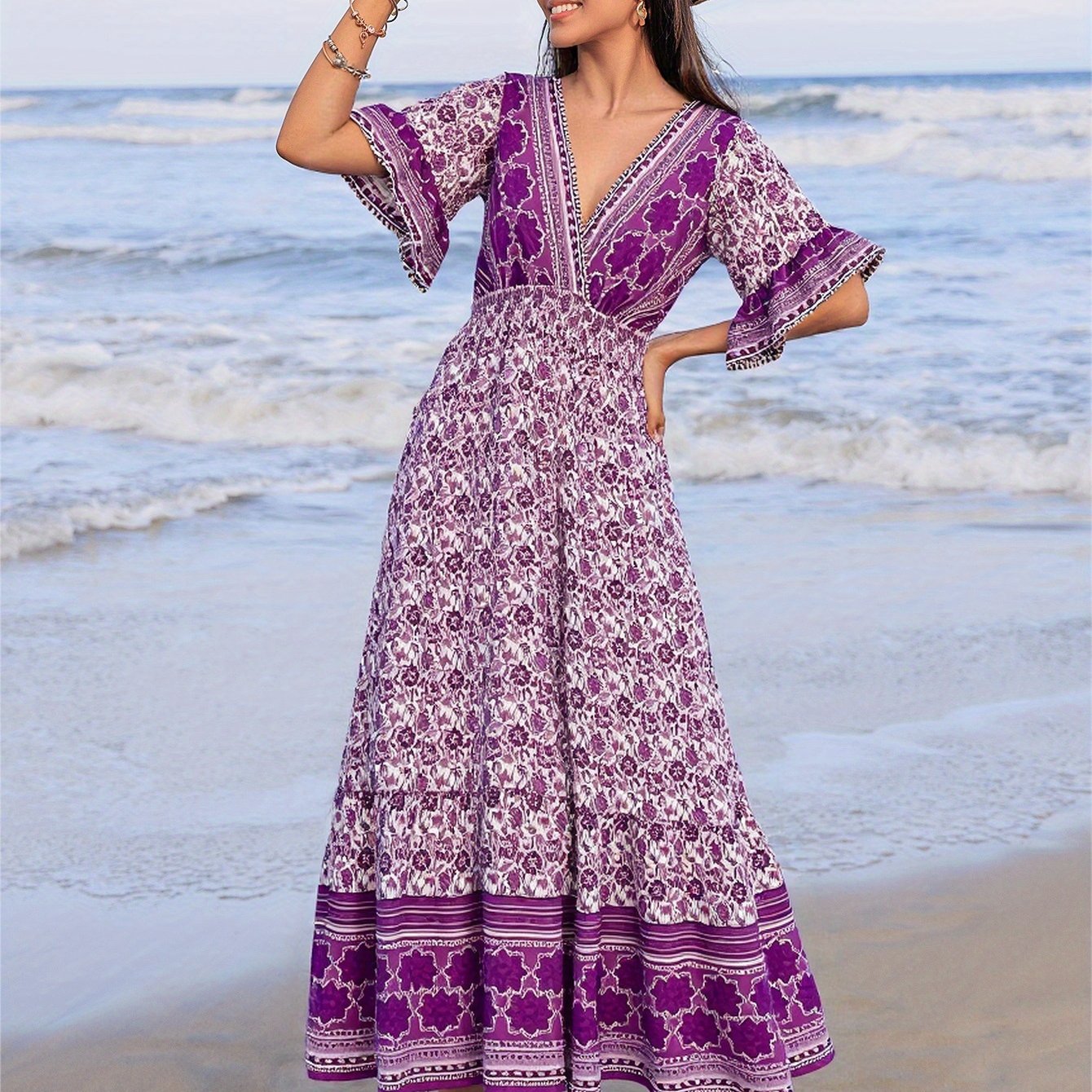 Rustic Floral V-Neck Maxi Dress
