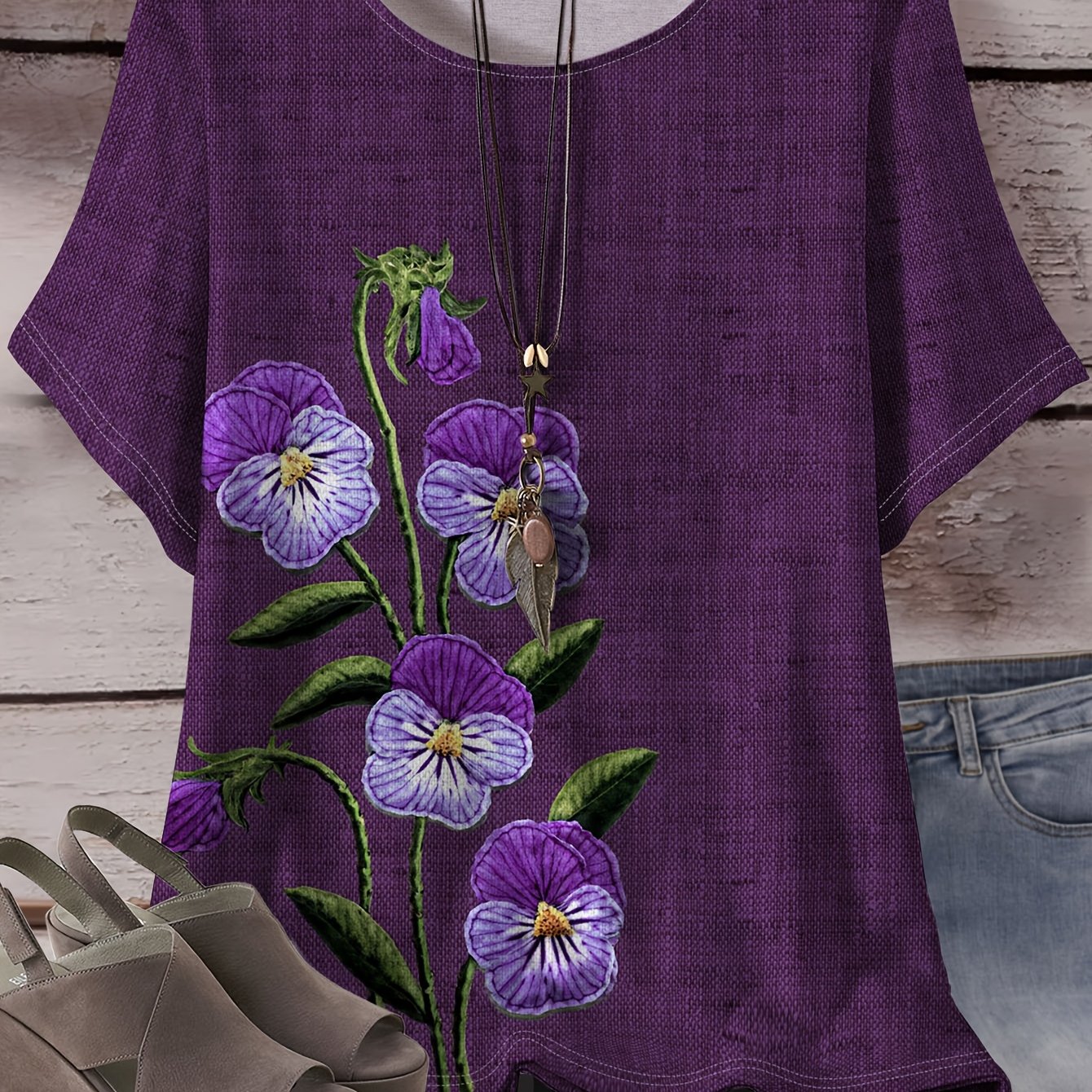 Purple Floral Crew Neck T-Shirt