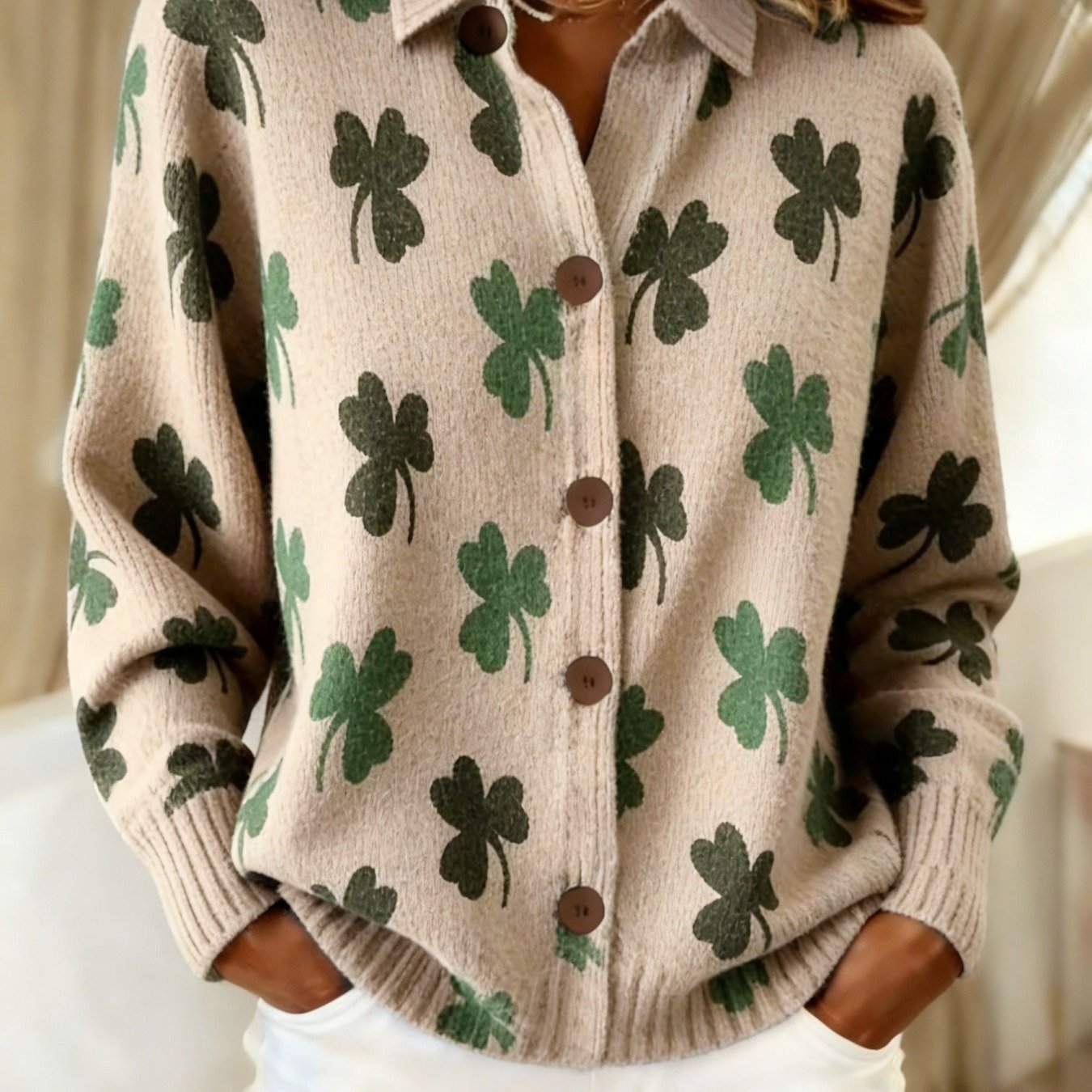 Clover Print Lapel Button Cardigan