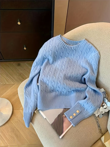 Twist Knit Sweater with Button Cuff Detail