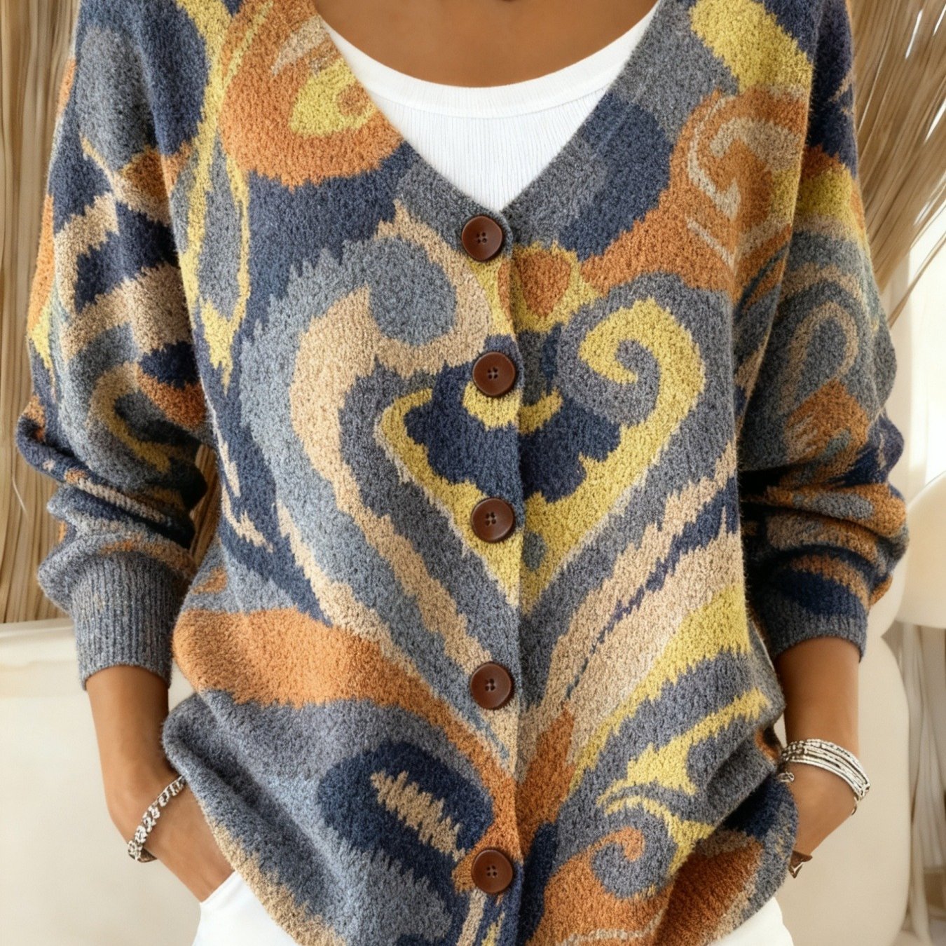 Heart Print V-Neck Knit Cardigan