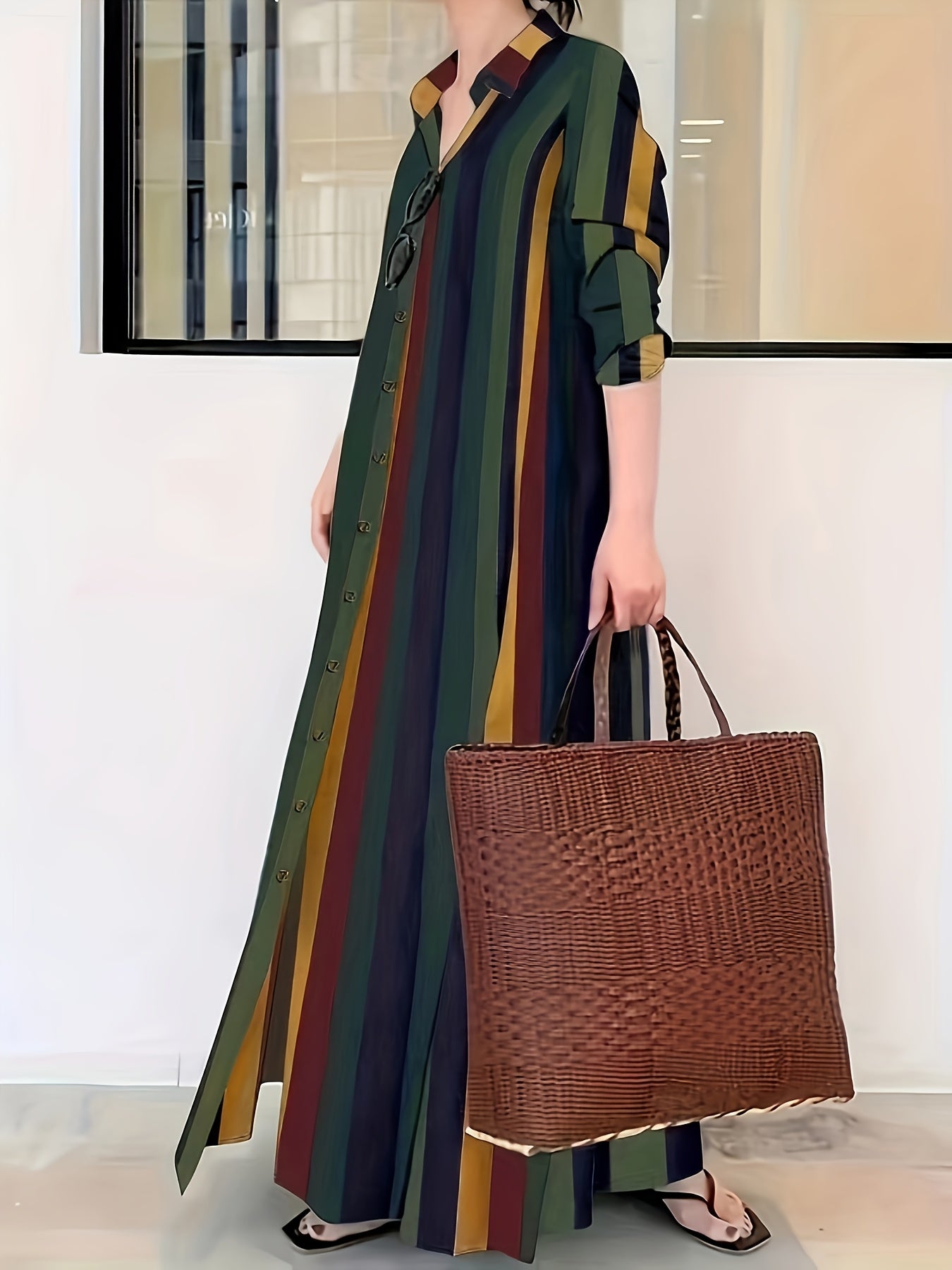 Casual Striped Button-Up Maxi Dress