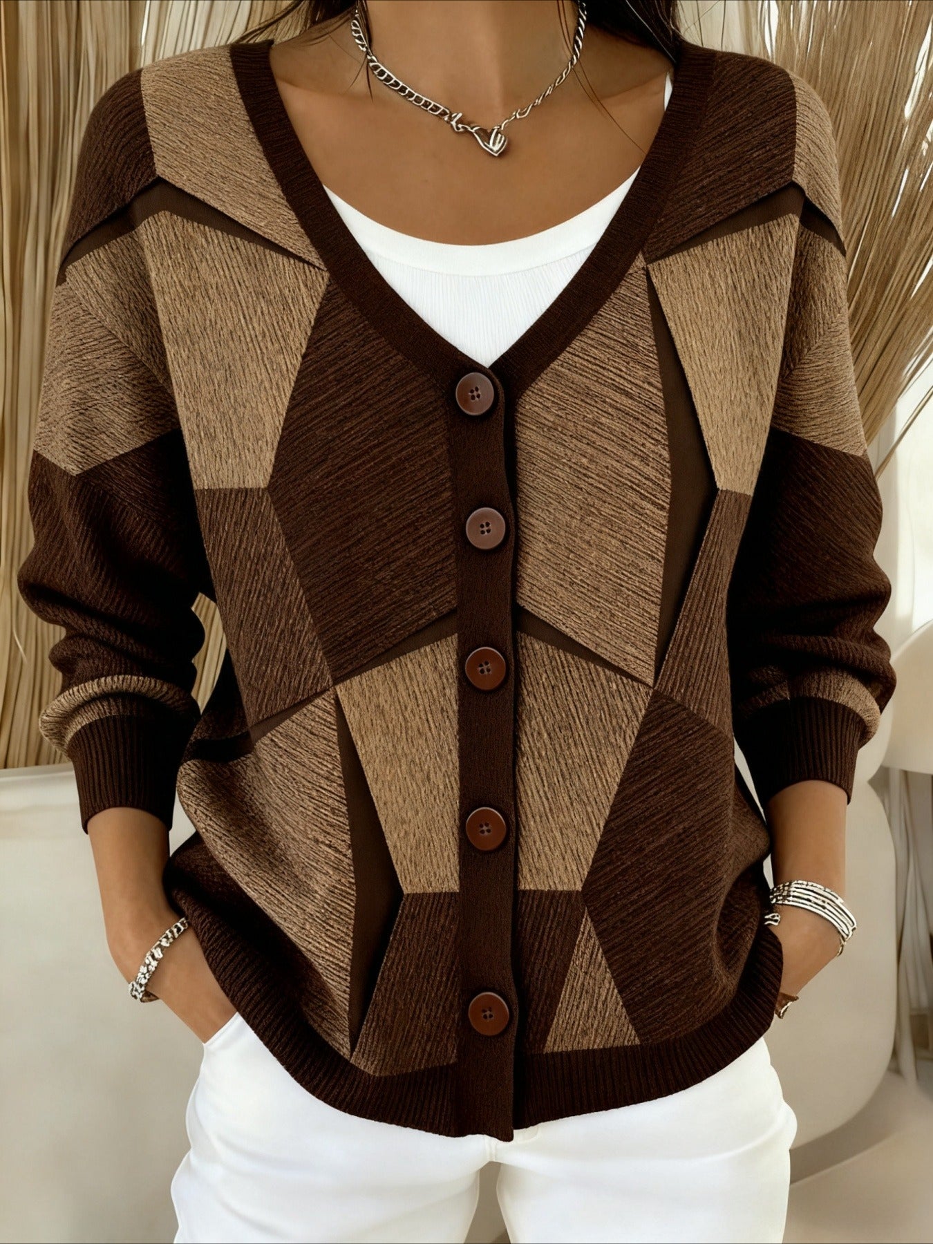 Geometric Print V-Neck Cardigan Jacket