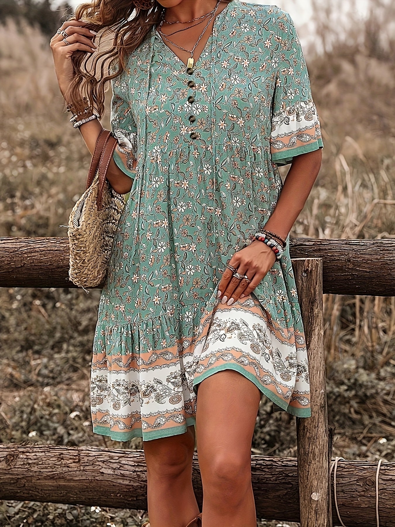 Elegant Floral Print Waist Flared Sleeve Dress