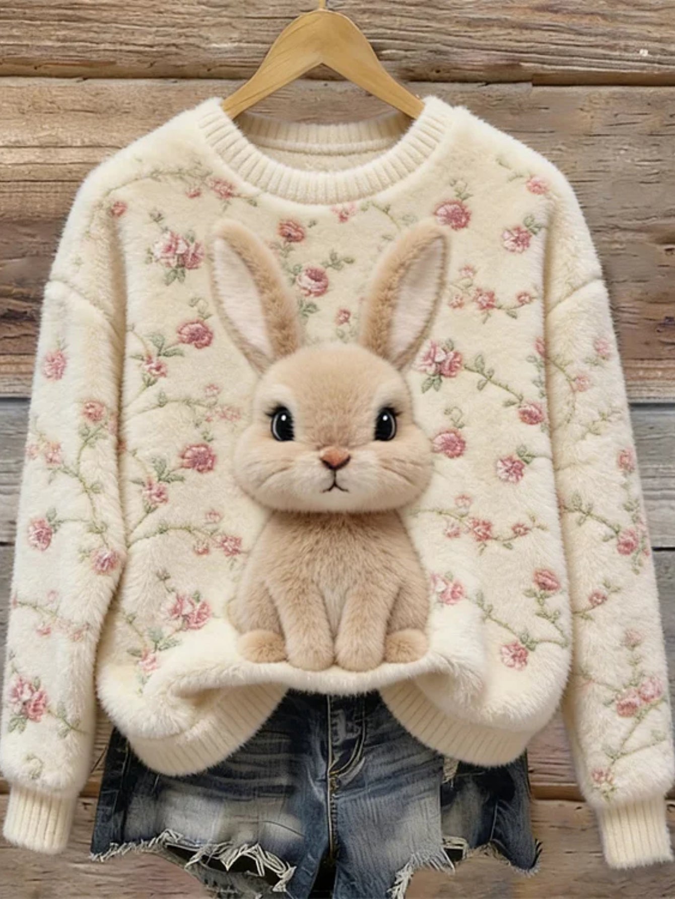 Bunny and Floral Art Print Sweatshirt