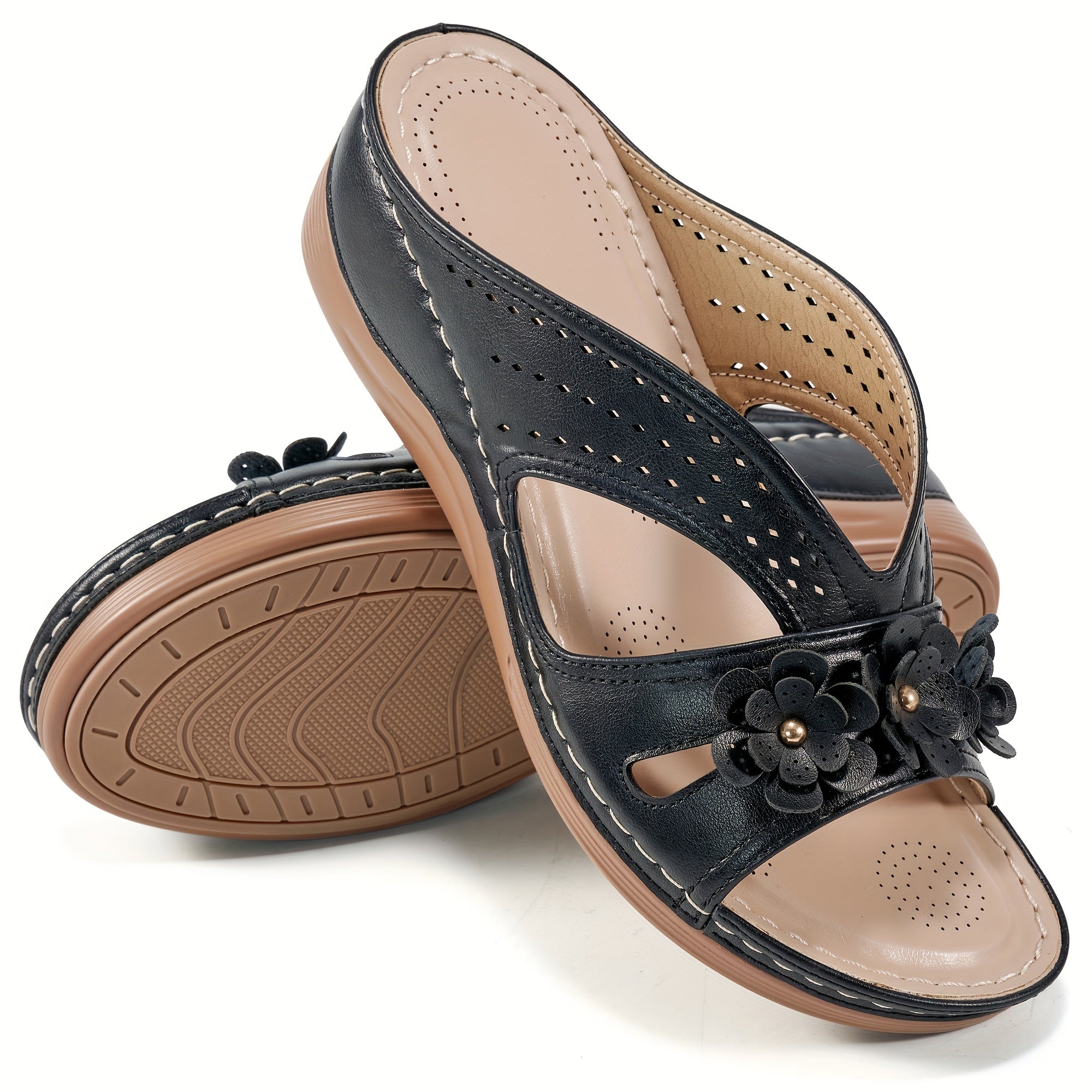 Floral Comfort Wedge Slide Sandals