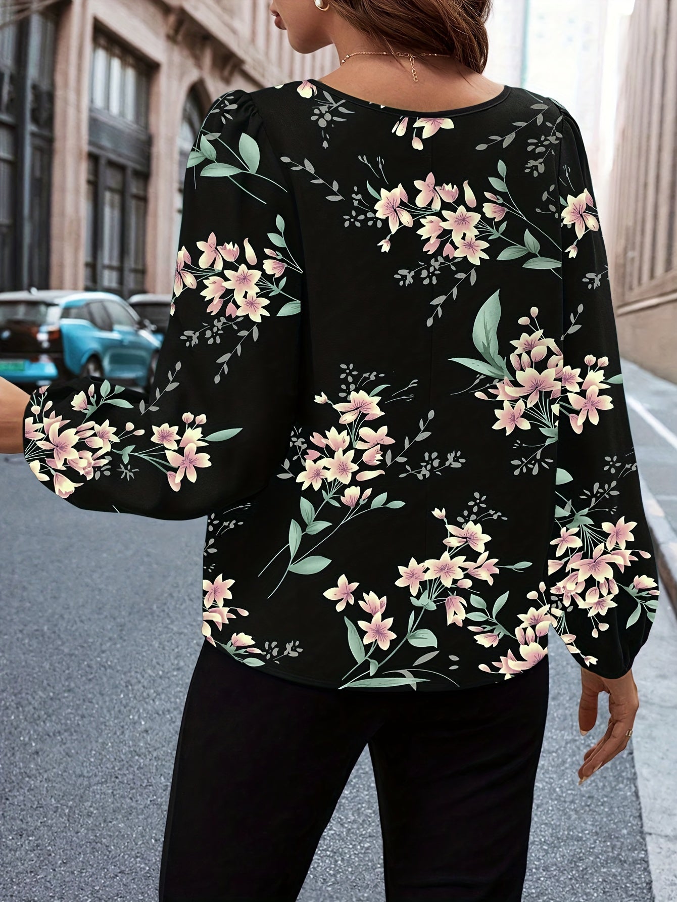 Printed Crew Neck Blouse with Metal Detail