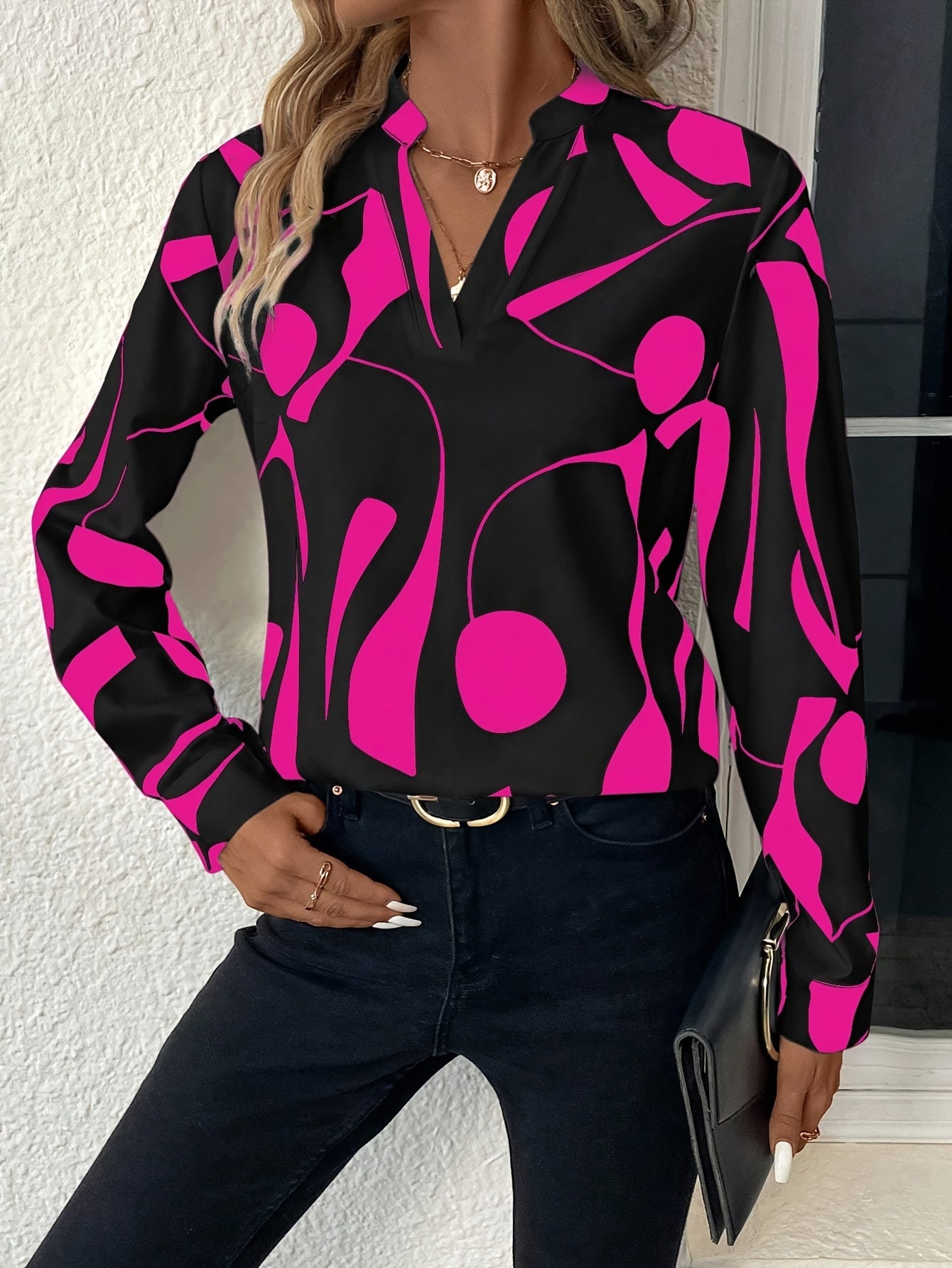 Geometric Print Long Sleeve Blouse