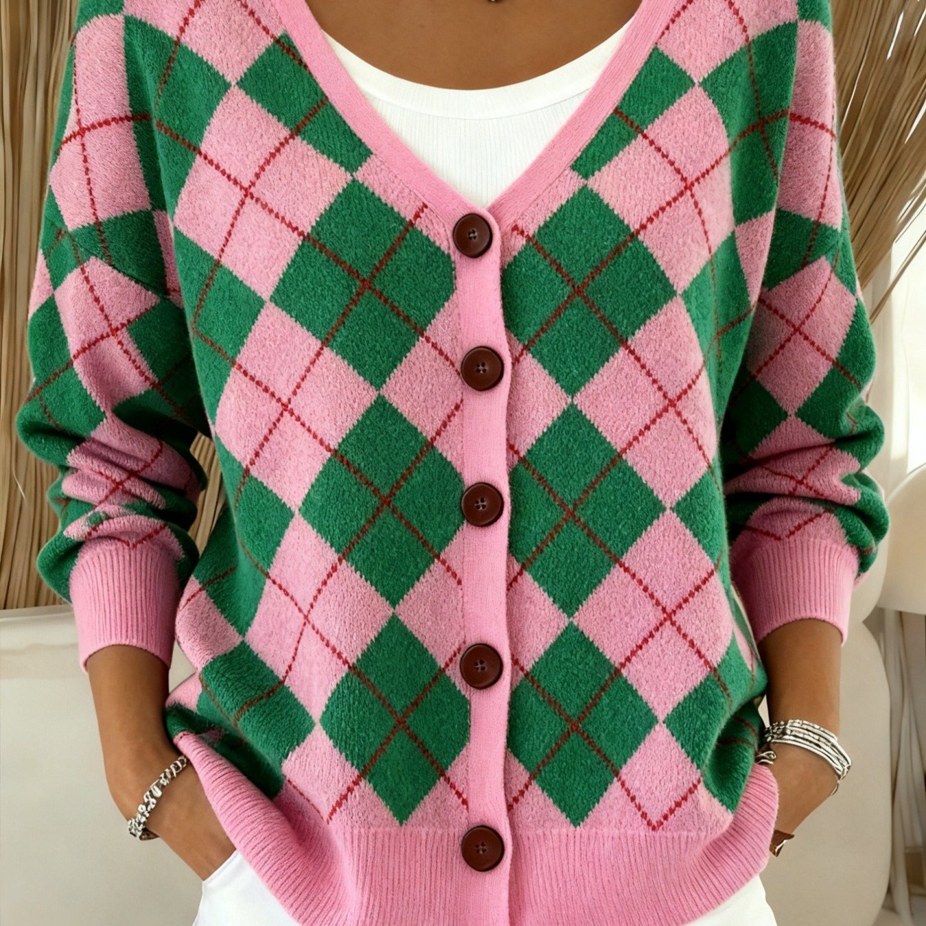 Plaid V-Neck Casual Knit Cardigan