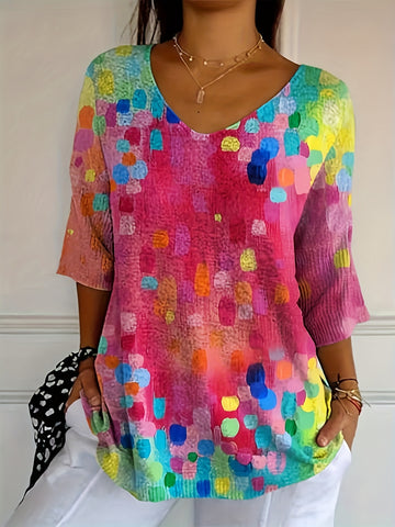 Polka Dot V-Neck Mid-Sleeve Top