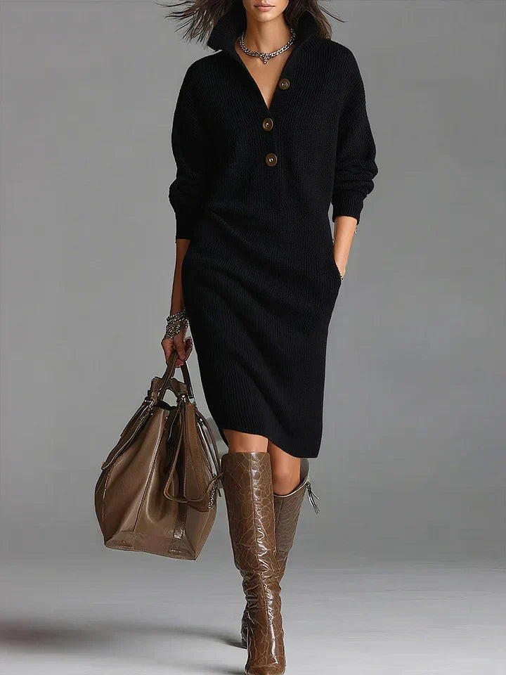 Sophisticated Lapel Button Dress