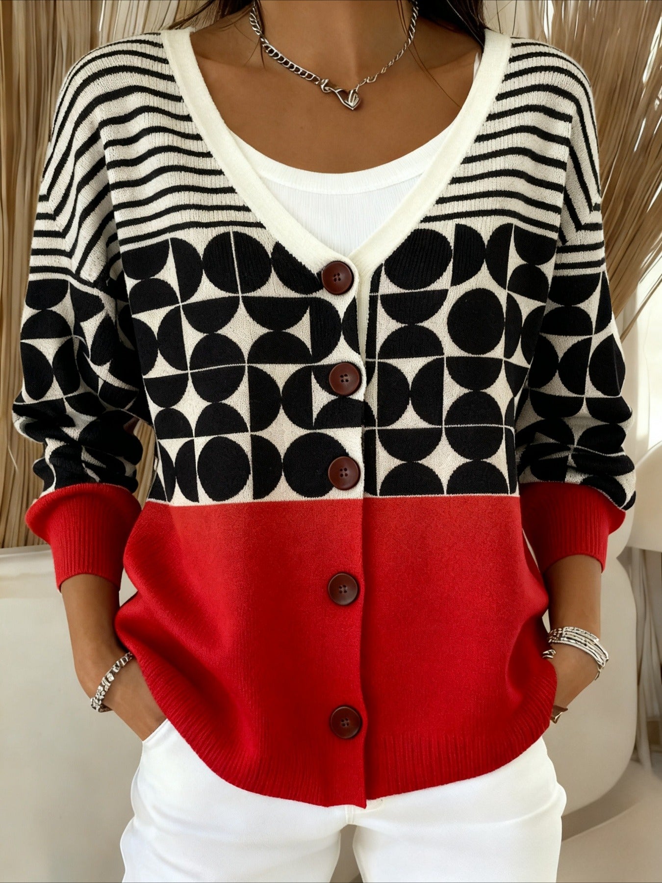 Geometric Colorblock V-Neck Cardigan