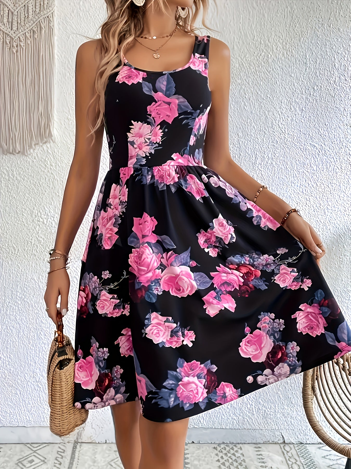 Ladies' Fashion Floral Print Dress | Crew Neck, All-Season, Perfect for Adults