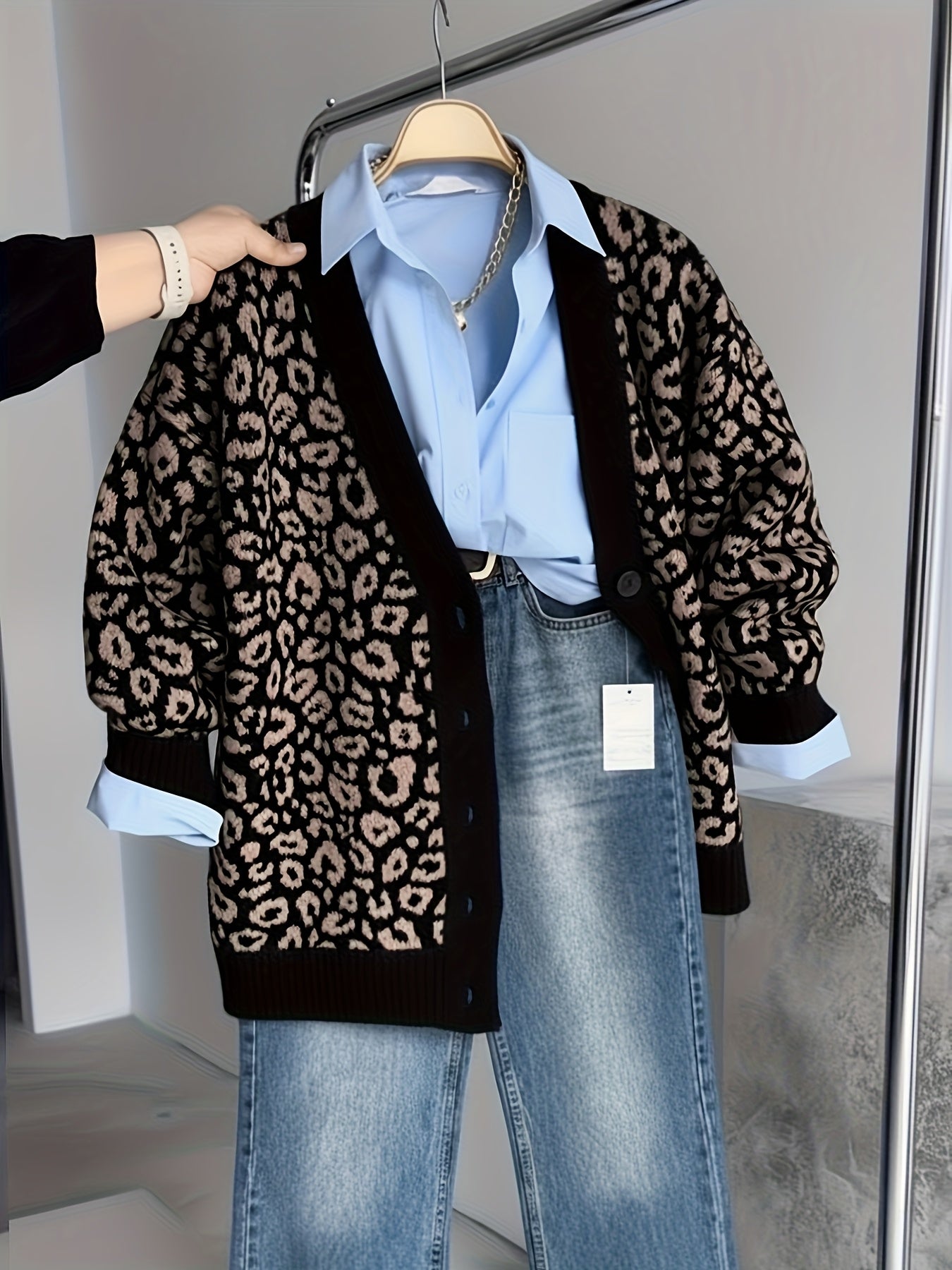 Vintage Leopard Jacquard Open-Front Cardigan Coat