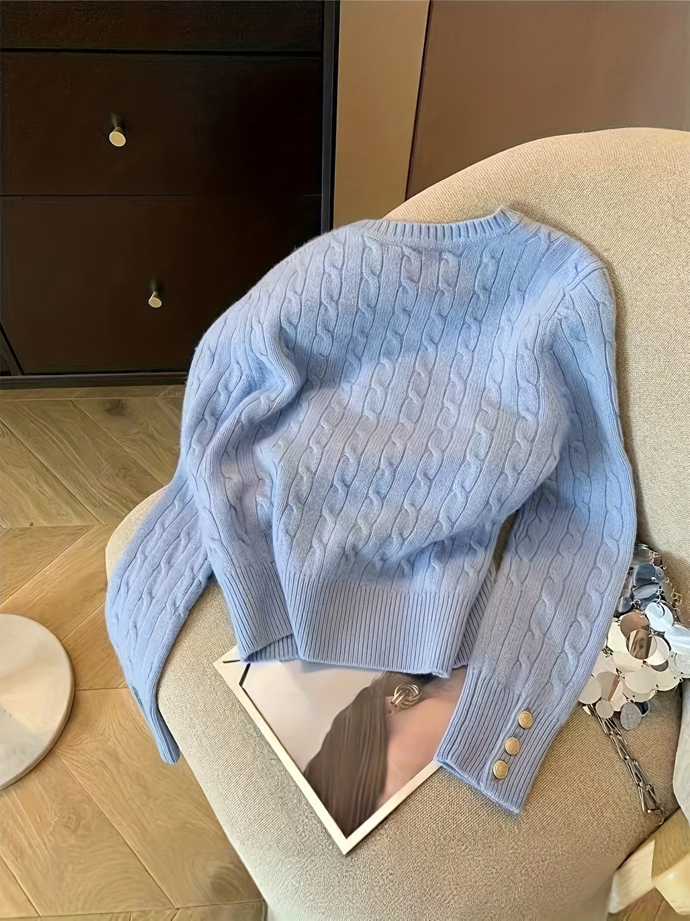 Twist Knit Sweater with Button Cuff Detail