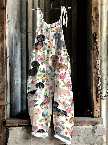 Floral Dachshund Wide Leg Jumpsuit