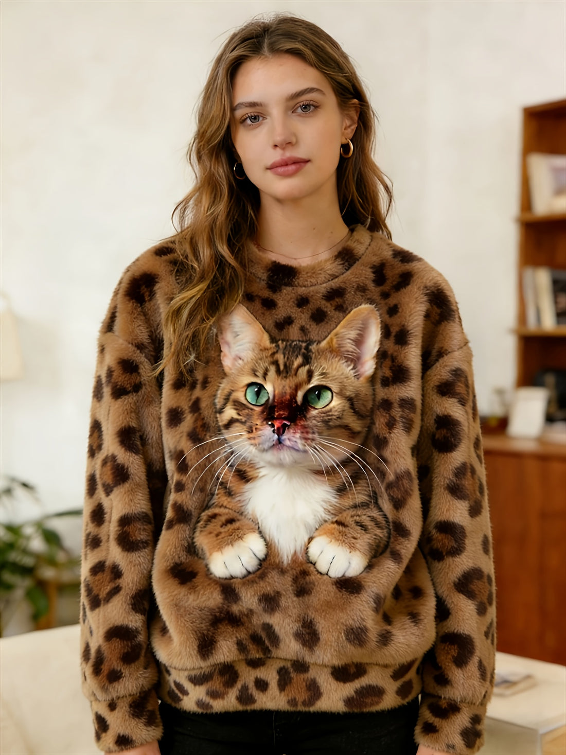 Leopard and Cat Graphic Crew Neck Sweatshirt