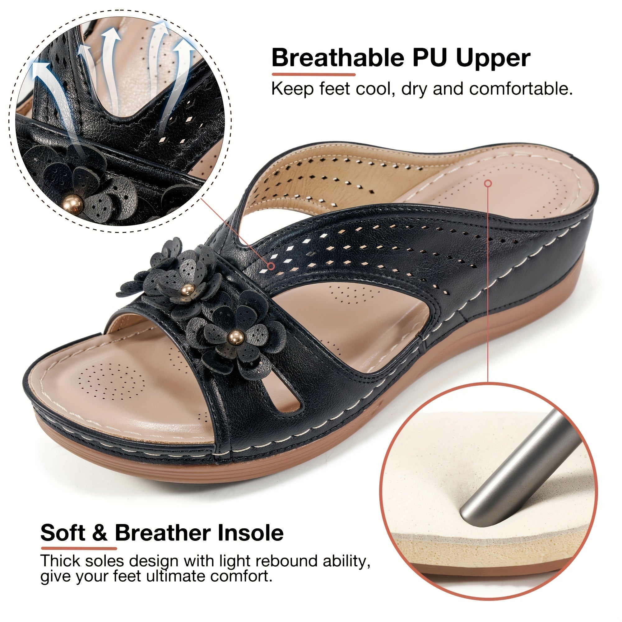 Floral Comfort Wedge Slide Sandals
