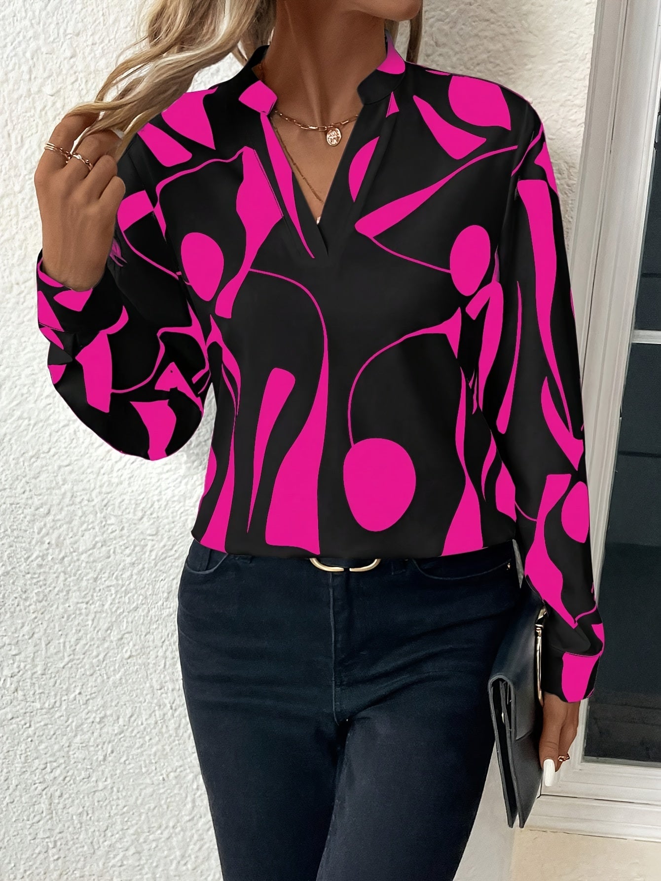 Geometric Print Long Sleeve Blouse