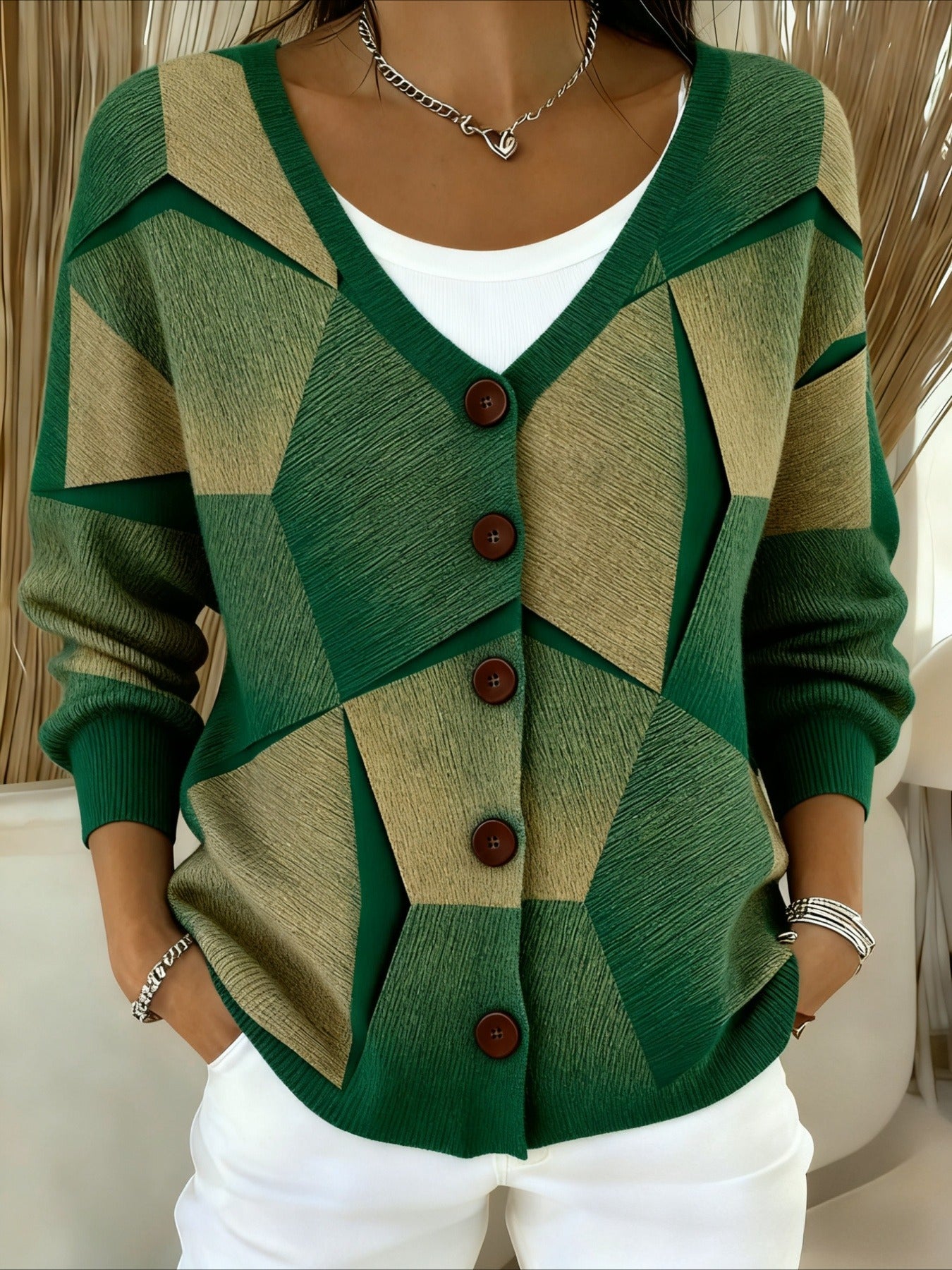 Geometric Print V-Neck Cardigan Jacket