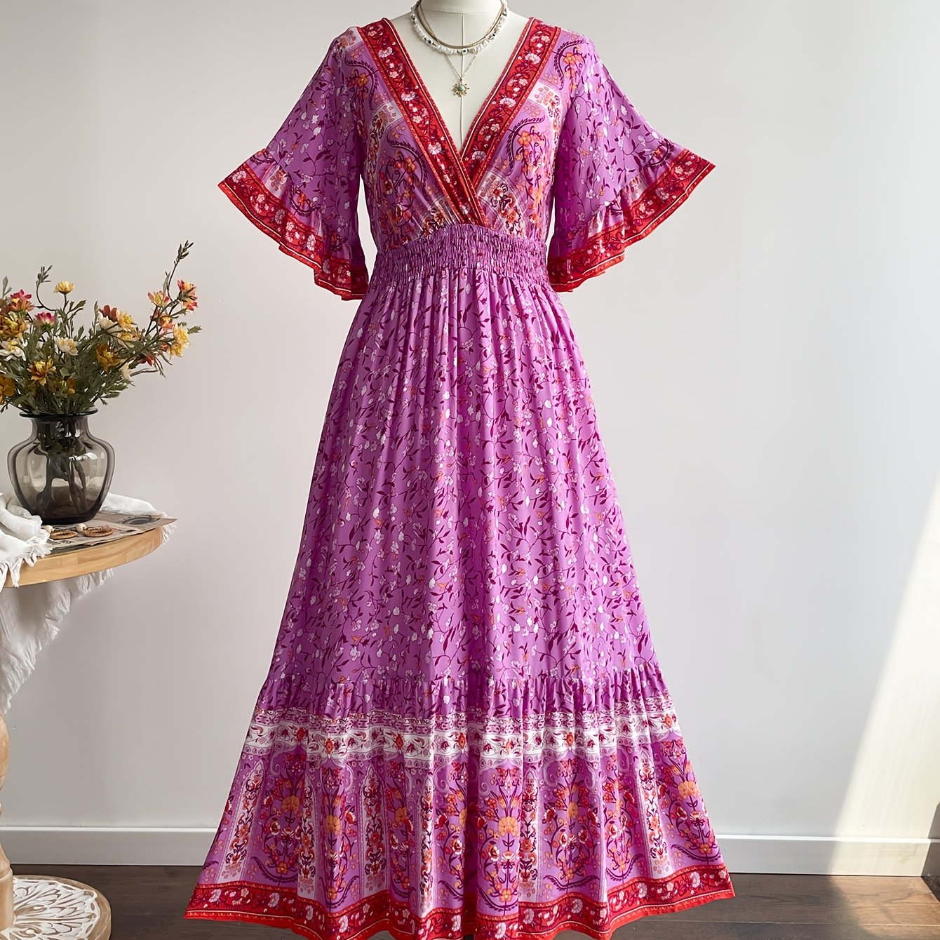 Rustic Floral V-Neck Maxi Dress