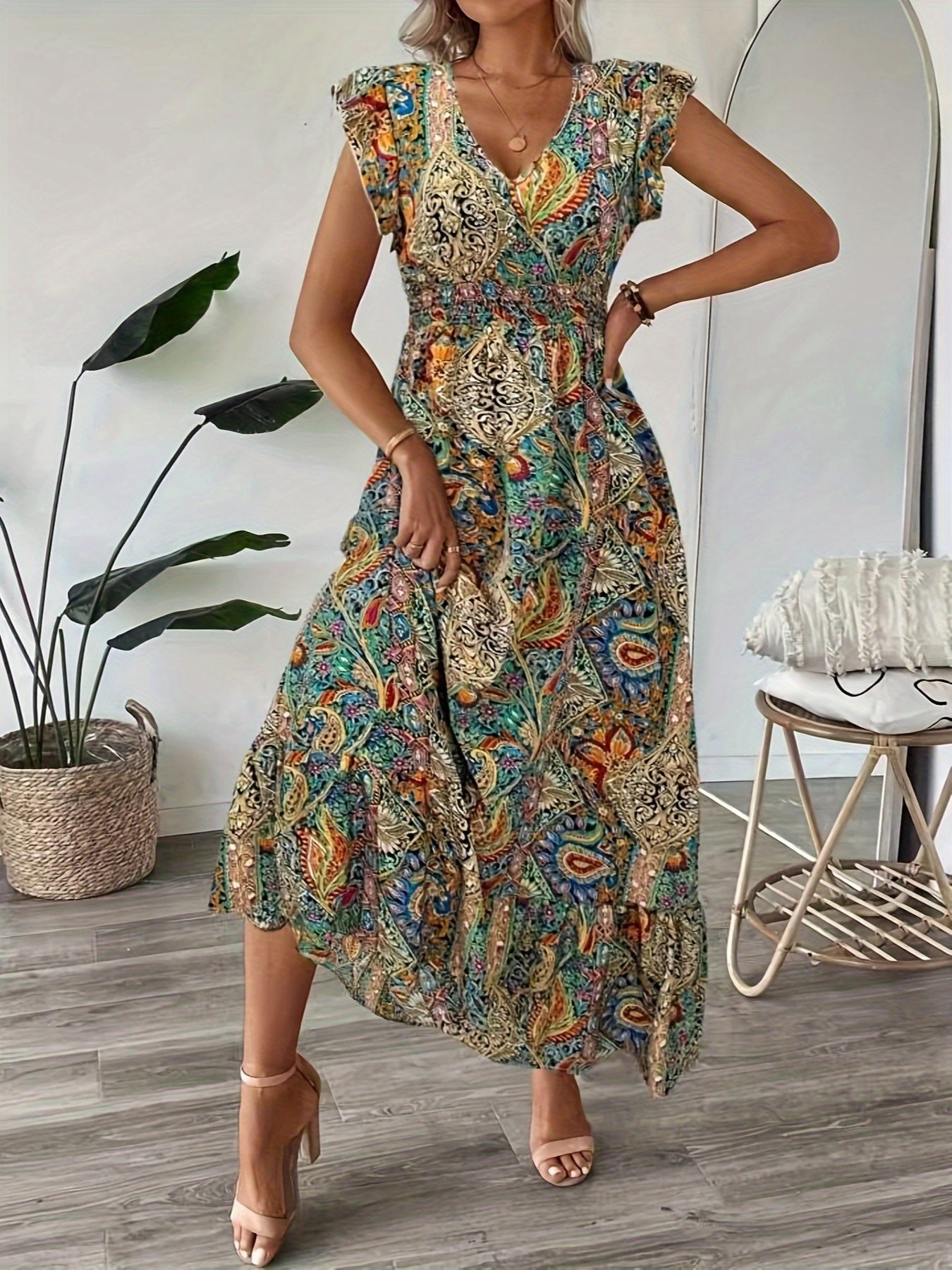 Printed V-Neck Mid-Length Dress
