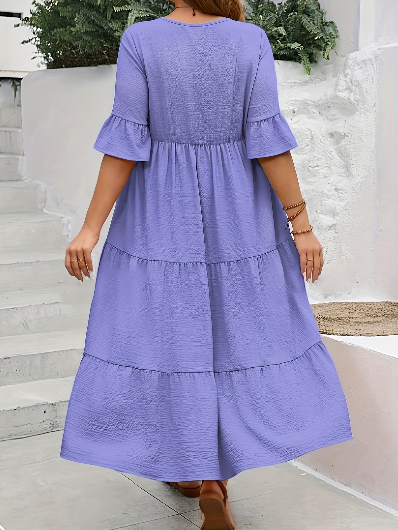 Solid V-Neck Flared Midi Dress
