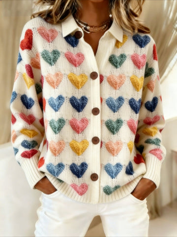 Colorful Heart Lapel Button Cardigan