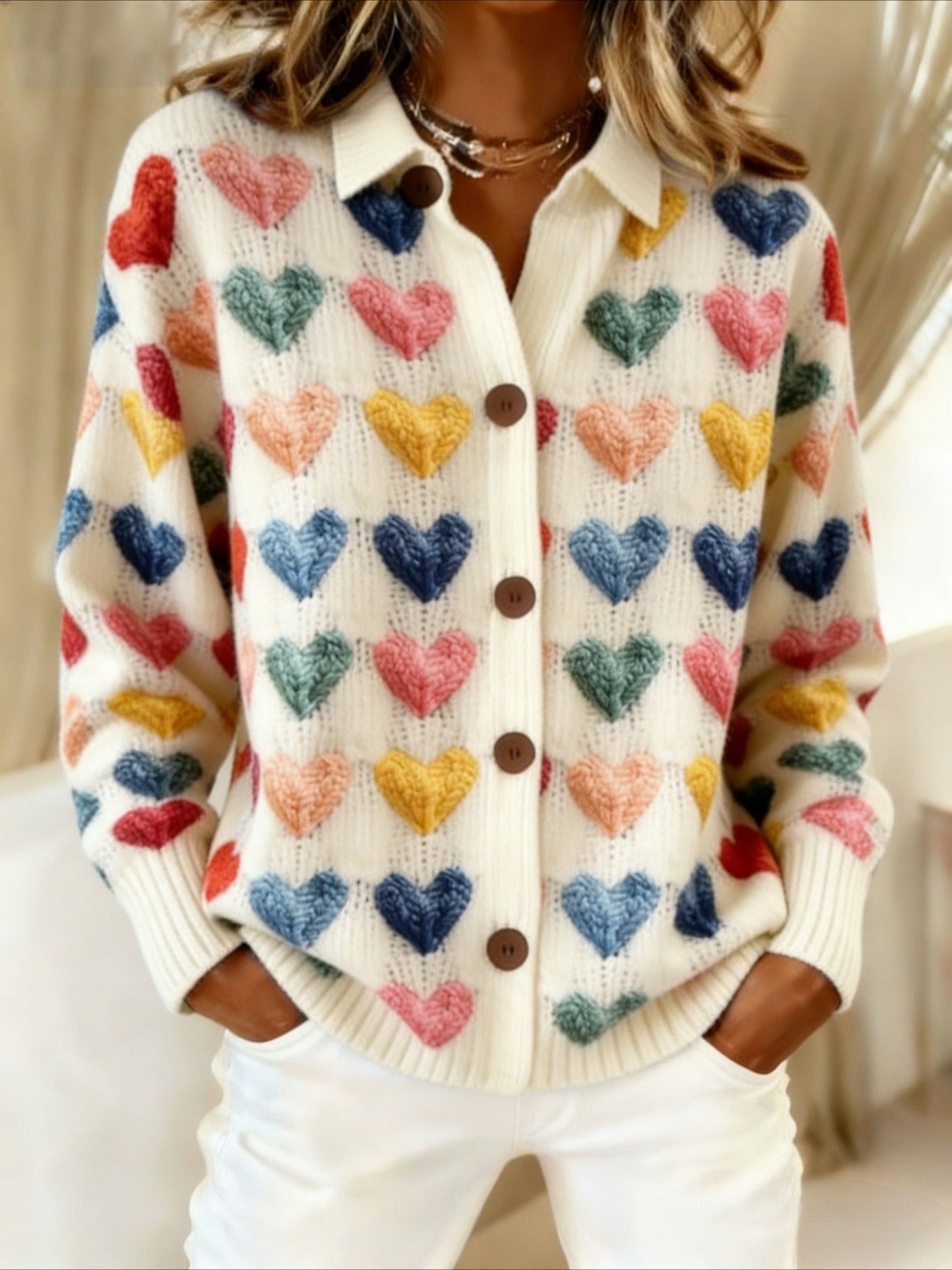 Colorful Heart Lapel Button Cardigan