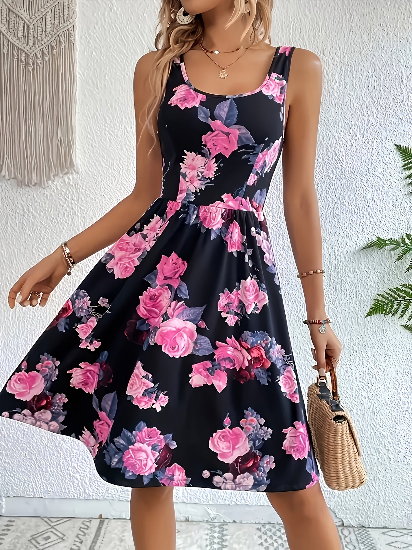 Ladies' Fashion Floral Print Dress | Crew Neck, All-Season, Perfect for Adults