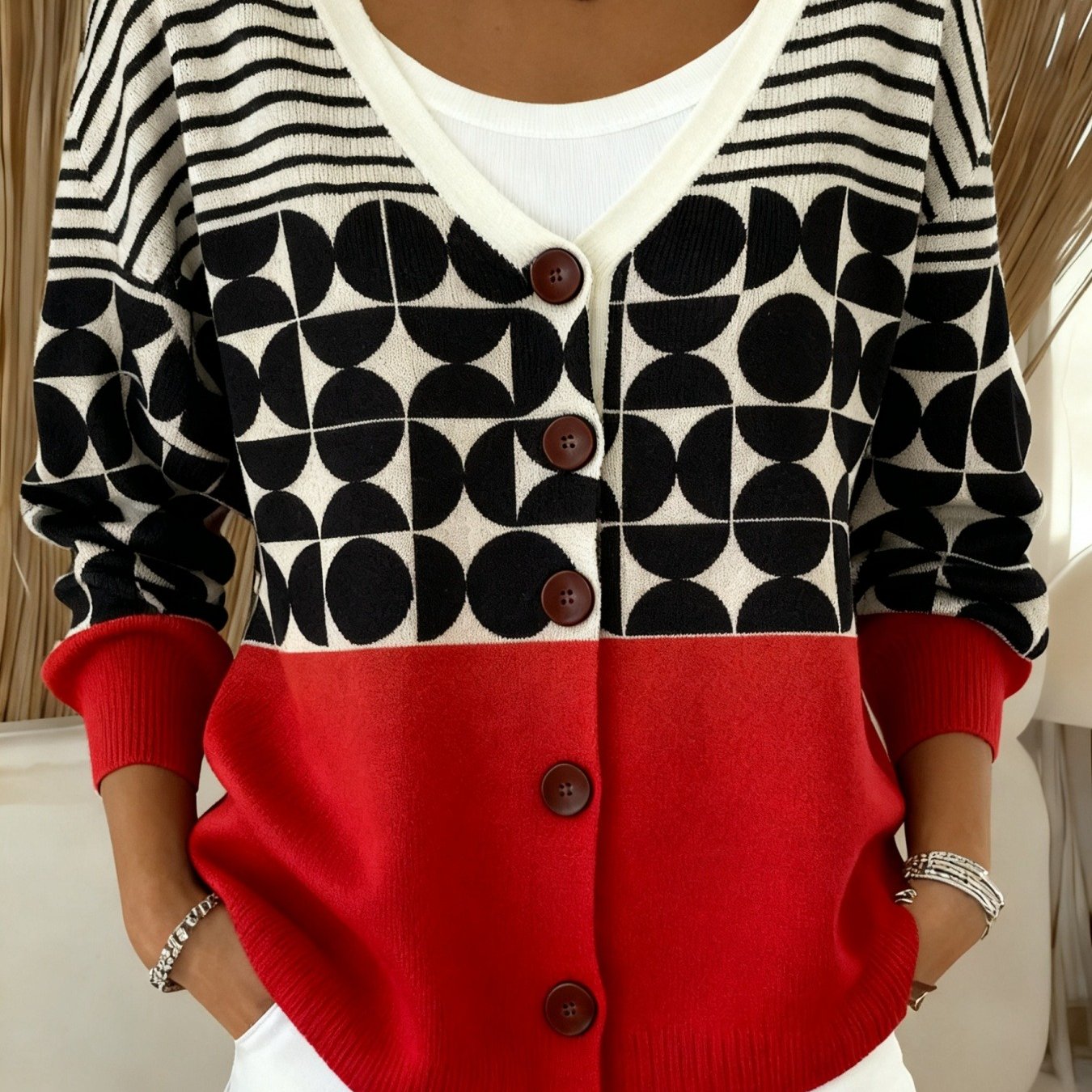 Geometric Colorblock V-Neck Cardigan