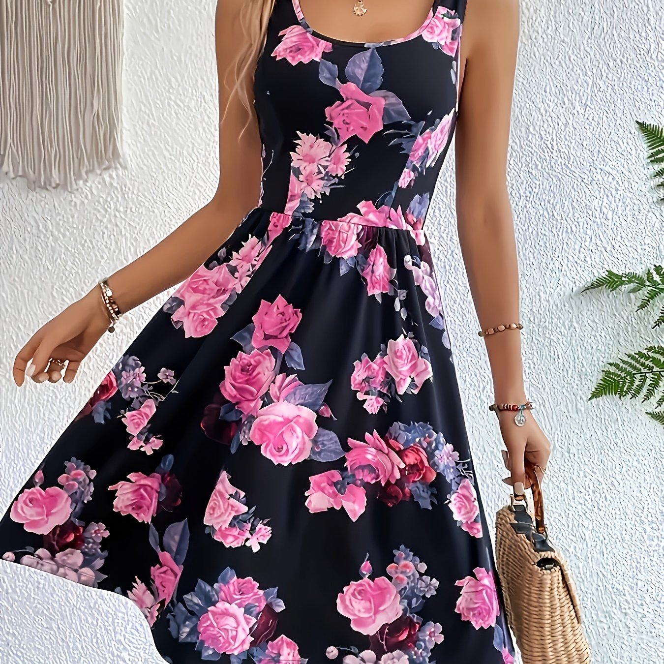 Ladies' Fashion Floral Print Dress | Crew Neck, All-Season, Perfect for Adults