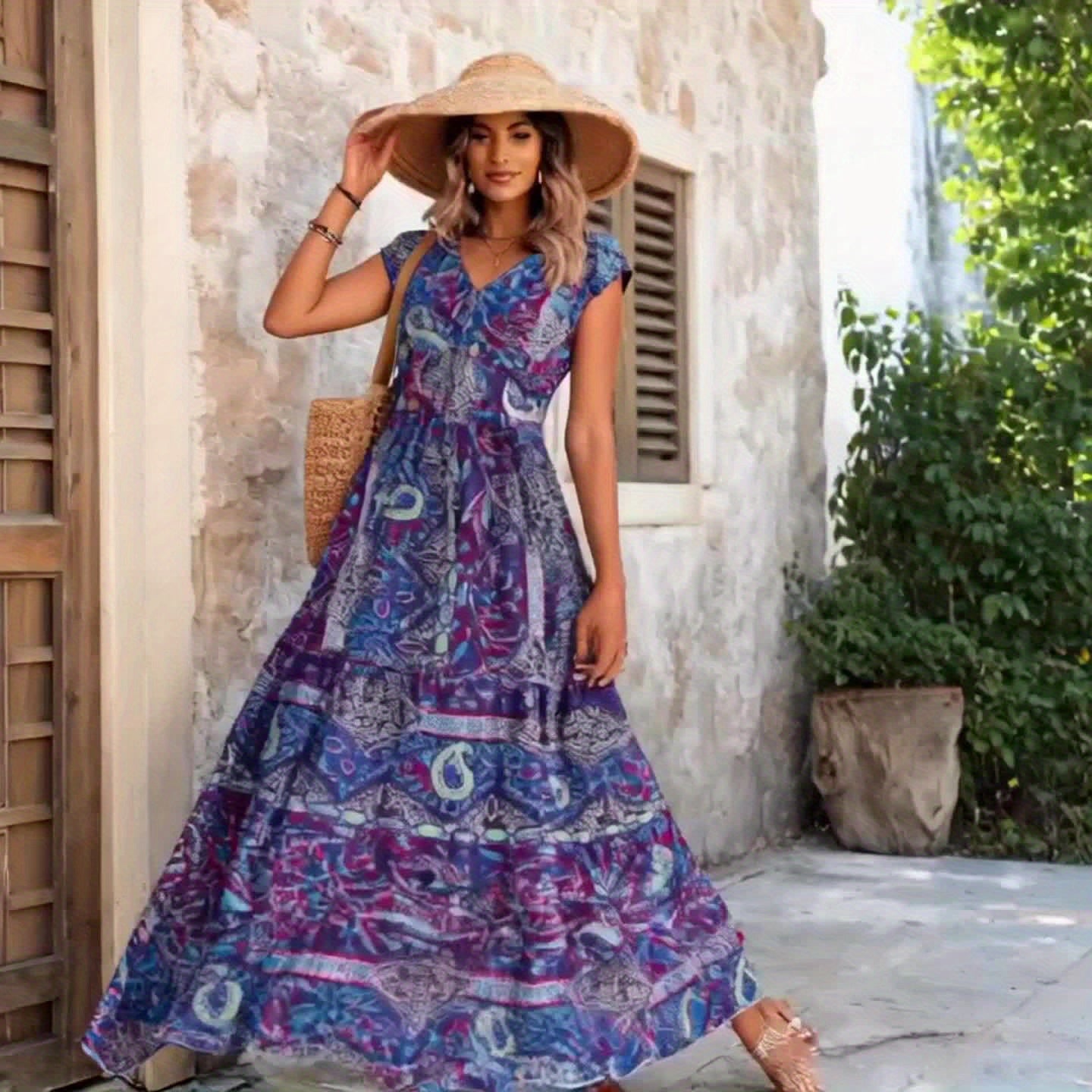 Printed Sleeveless Summer V-Neck Dress