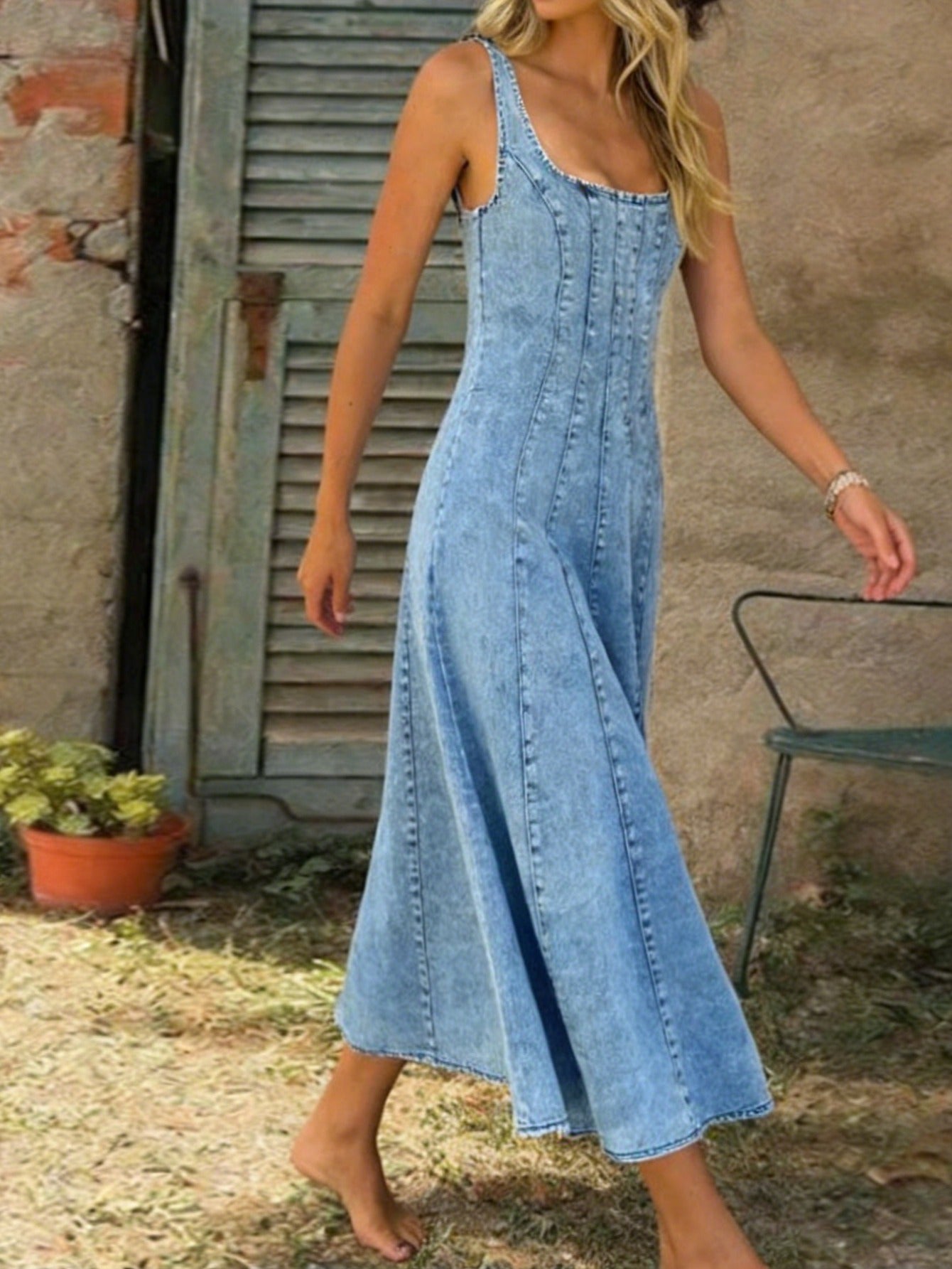 Washed Denim Long Dress
