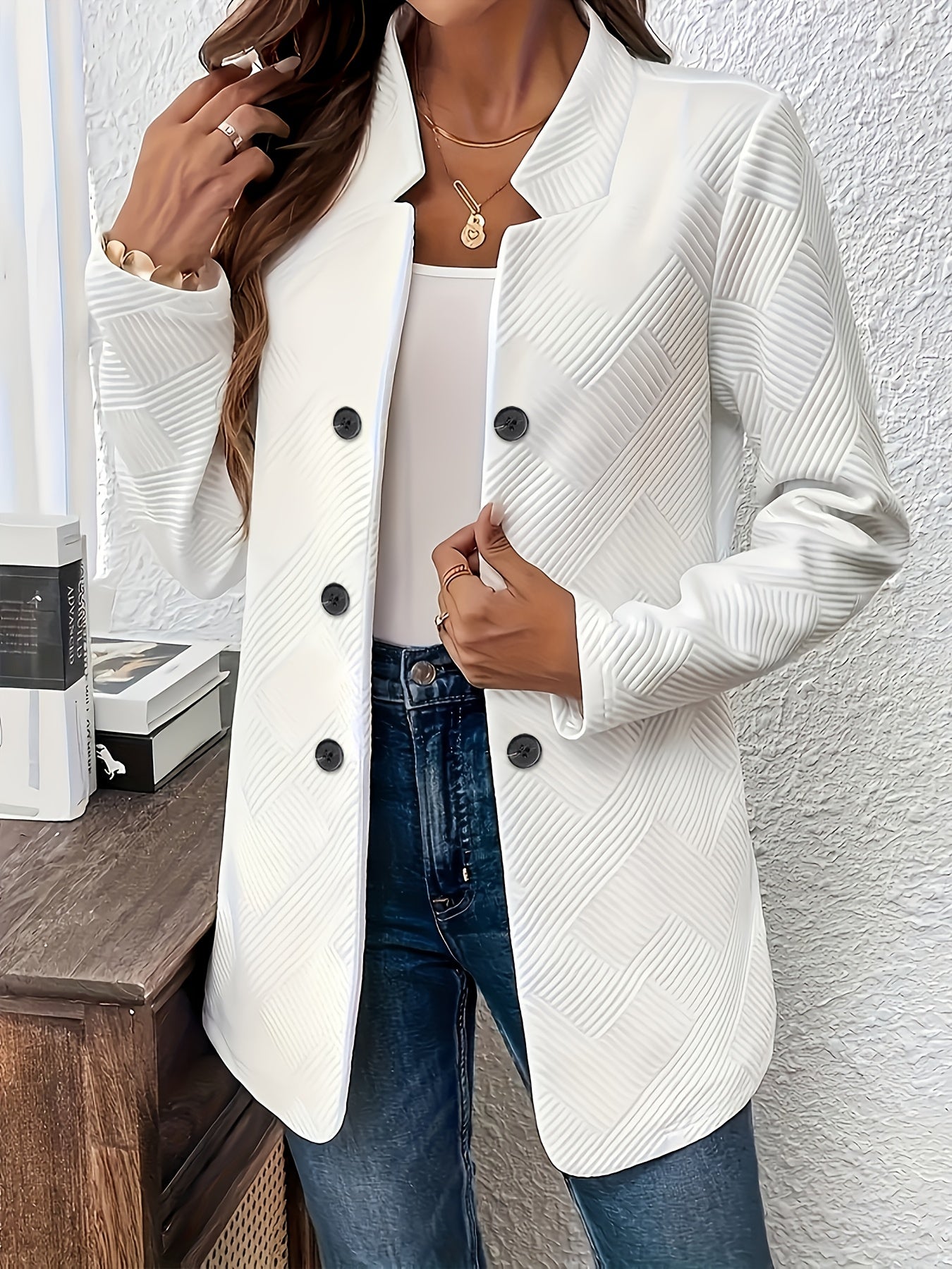 Textured Mid-Length Button Coat