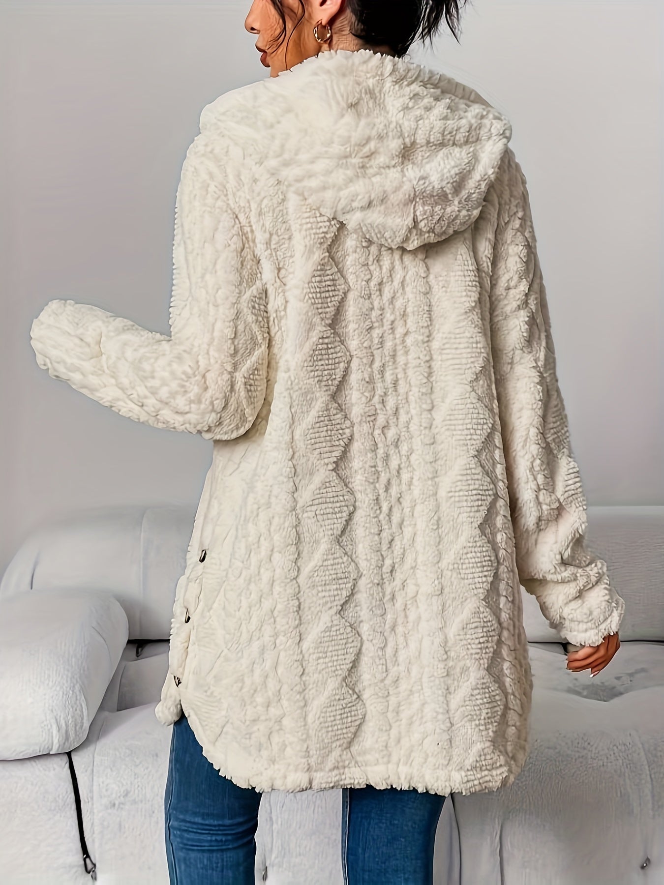 Jacquard Plush Hooded Cardigan Coat