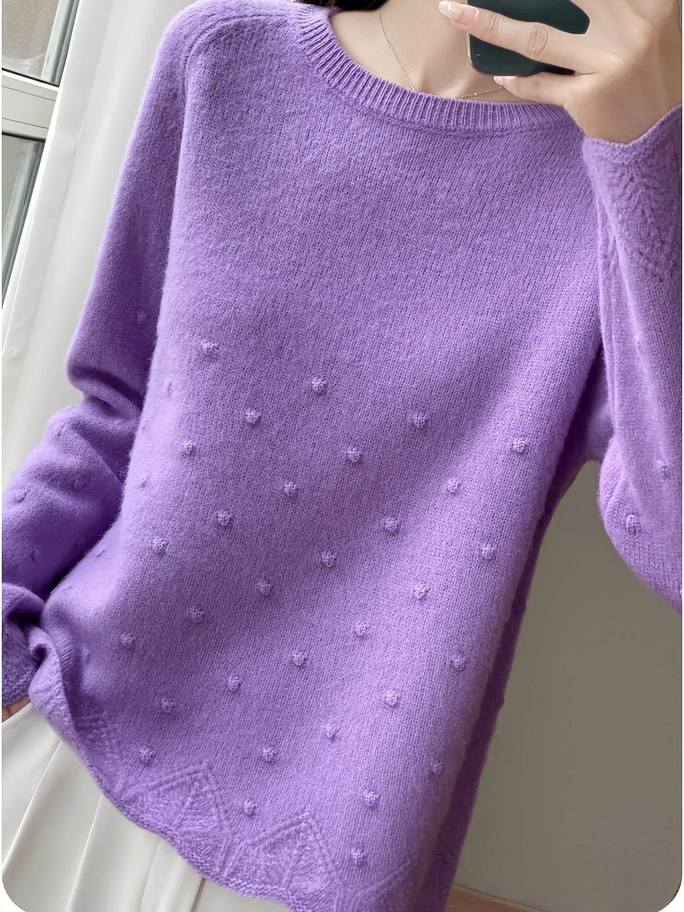 Women' Spring/Autumn Polka Dot Sweater - Loose-Fit Thin Layering Top Suitable for Women, Round Neck Blouses for Blouses, Machine-Washable Spring/Fall Wear