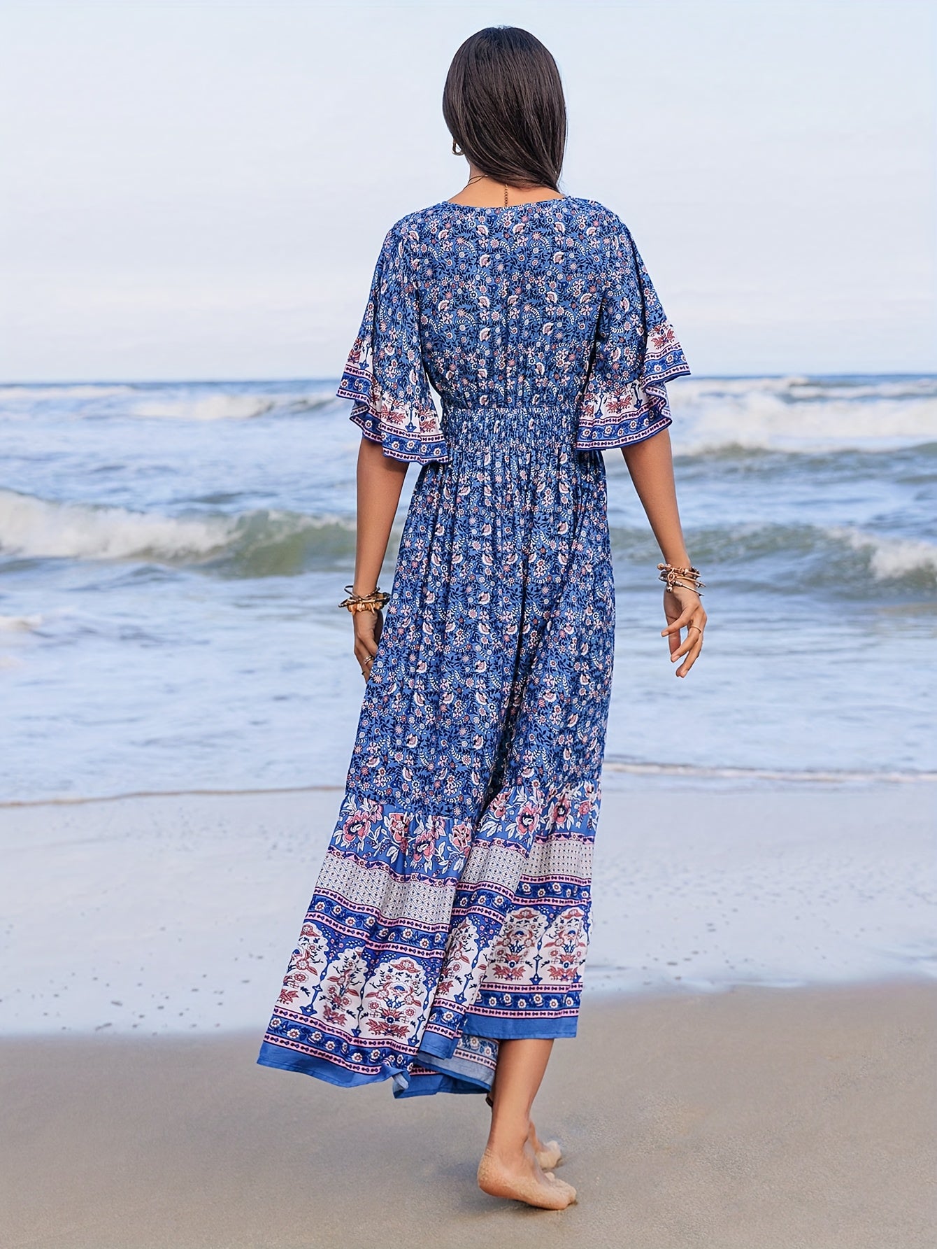 Rustic Floral V-Neck Maxi Dress