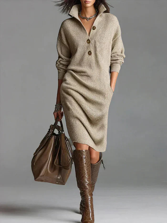 Sophisticated Lapel Button Dress